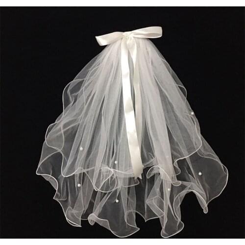 New Pearl Veil Bridal Veil Ribbon Bow Short Veil White veil Wedding Accessories