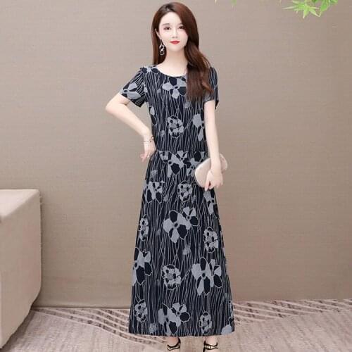 2021 New Middle-Aged Elderly Made Cotton Silk Dress Women Plus Size Mother Summer Temperament High-End Printed Vestidos Mujer