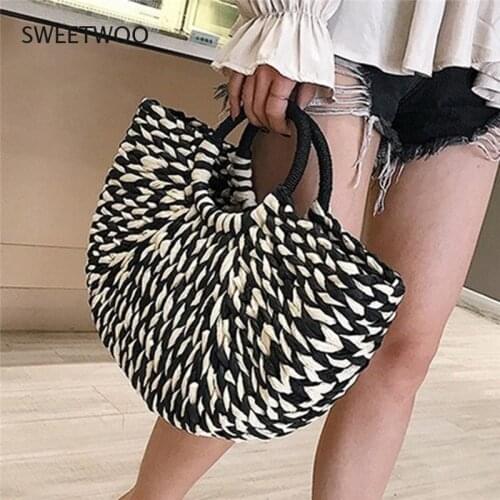 Women Woven Handbag Rattan Wicker Straw Half Round Bag Fashion Large Capacity Female Casual Travel Tote