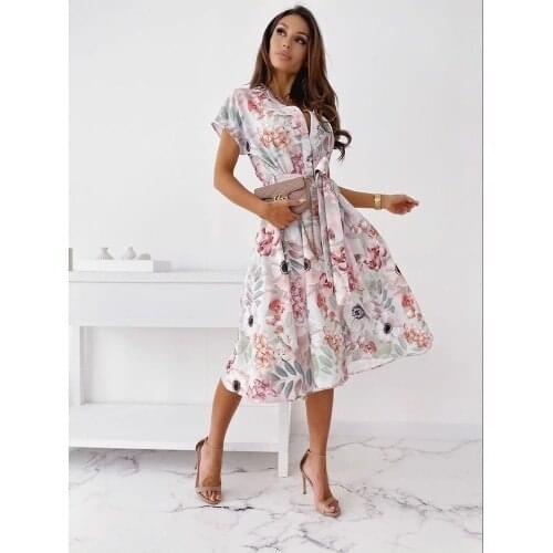Printed Lace-Up Belt Shirt Dress Women Elegant V-Neck Button Midi Dress Fashion Casual Short Sleeve A-Line Party Dresses