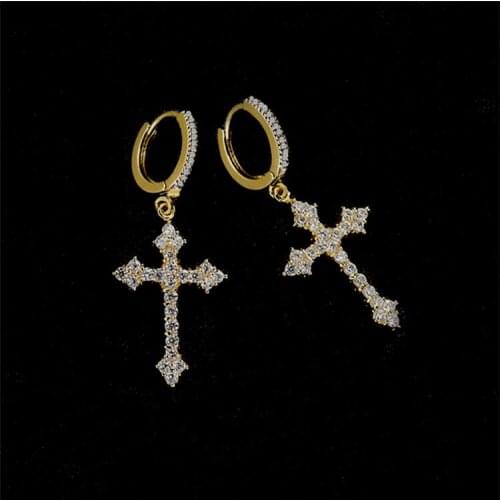 Cross Earrings Punk Hip Hop Zircon Dazzling Pendant Gold Silver Color Vintage Metal Earring For Men Women Jewelry Accessories