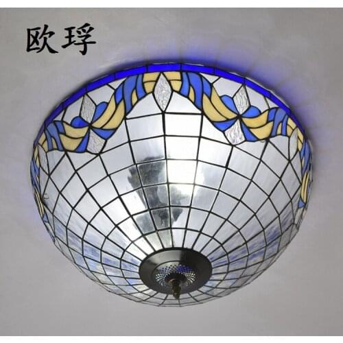 Blue Mediterranean Baroque 22 inch E27 110-240V Pastoral Ceiling Light Tiffany Round Glass Lampshade lamparas de techo abajur