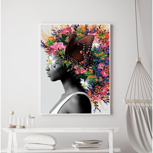 Modern Floral Butterfly Abstract Samba Dark Skin Woman Canvas Painting Art Print Posters Pictures Wall Bedroom Unique Home Decor