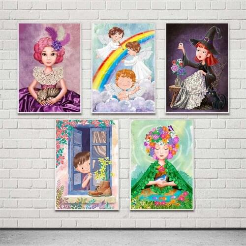 Home Decoration Lovely Kid Canvas HD Prints Angel Poster Painting Flowers Wall Art Witch Modular Picture Frame for Living Room