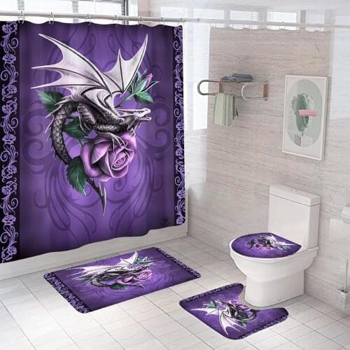 Flying Dragon Rose Waterproof Polyester Bathroom Curtain with Hooks Anti-slip Soft Bath Carpet Mat Lid Toilet Cover Home Decor
