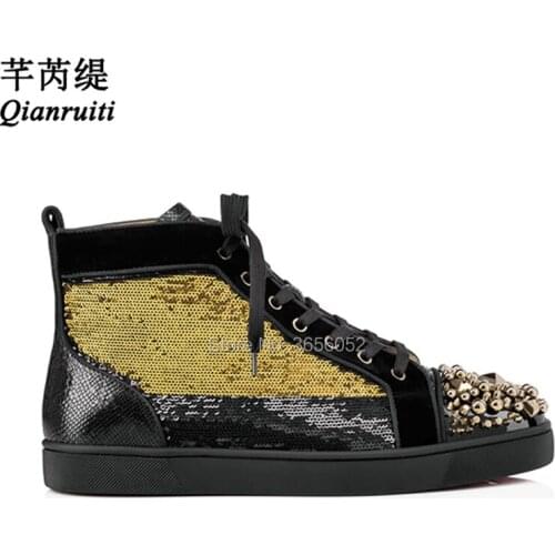 Qianruiti Design High Top Trainers Black Gold Bling Sequined Man Casual Shoes Platform Flats Lace Up Glitter Rivet Sneakers Men