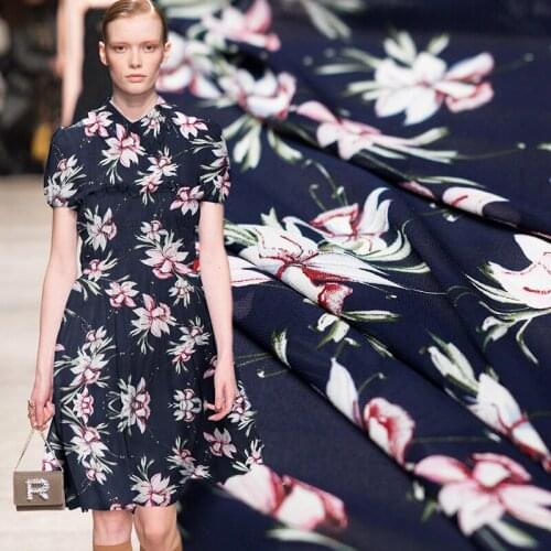 Pearlsilk drak blue flower Digital Printing chiffon 100%polyester imitated silk Georgette summer dress DIY fabrics Freeshipping