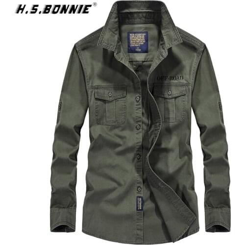 H.S.BONNIE Plus Size Army Spring green Autum Military Shirt Men 100% Cotton Long Sleeve Army Shirts Camisetas hombre Brand