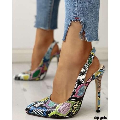 Pop New Women Summer Ankle Strap Sandals 10cm Thin High Heels Serpentine Pointed Flock Pumps Office Party Snake Shoes
