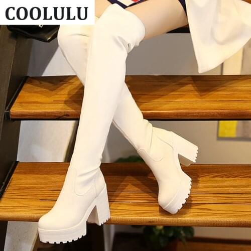 COOLULU Women Over The Knee Boots High Heels Platform Thigh High Boots White Above The Knee Boots for Ladies Winter Shoes