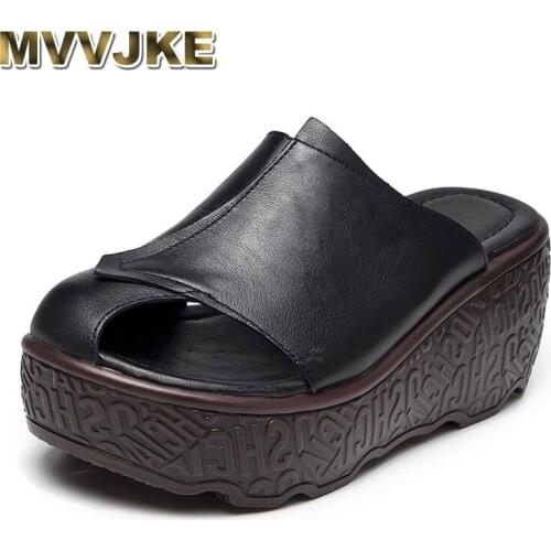 MVVJKE Women Slippers 7 CM High Heels Slippers Women Summer Shoes Casual Genuine Leather Retro Handmade Slipper