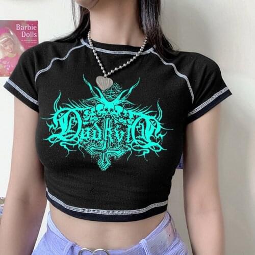 Goth T-shirt female Y2k Crop Top anime tops Vintage kawaii Shirt Harajuku Punk Woman T-shirts 2021 Blouses summer new clothing