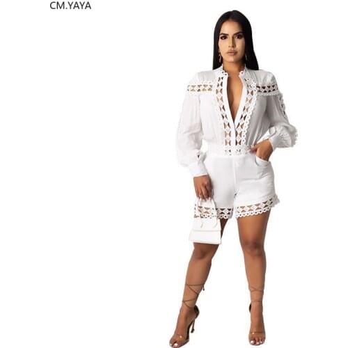 CM.YAYA Women Lace Hollow Out Bodysuits Sexy Fitness V-Neck Rompers Street Night Club Party Jumpsuits One Piece Playsuit Overall