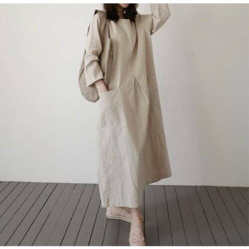 Elegant Women Shirt Dress Autumn Casual Linen Long Sleeve Loose Pockets Female Dress Solid Beige Pleated Robe Dress Vestidos
