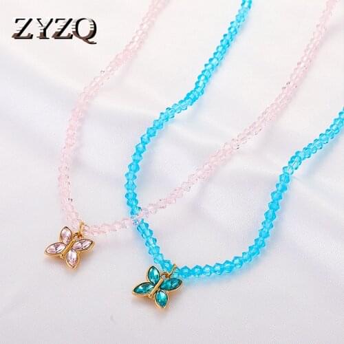 ZYZQ Korean Handmade Beaded Necklace For Women Sweet Crystal Butterfly Short Choker Necklace Birthday Gift Student Jewelry
