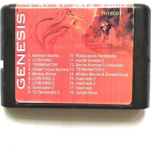 18 In 1 Game cartridge fit Lion King MK2 Unlimited Road Rush 1 2 3 for 16 bit sega Megadrive Genesis Game Player