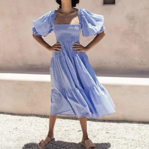 MosiMolly 2021 Plaid Dress Puff Sleeve Bow Dress Square Neck Midi Dress Female Vestidos Cotton Dress Ruffle Dress Boho Beach