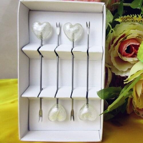4pcs Bar restaurant tableware stainless steel fruit fork white glass heart shaped figurine decorative Wedding Party dessert fork