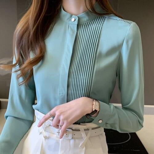Long Sleeve Chiffon Blouse Shirt Tops Blouse Women Blusas Mujer De Moda 2021 Stand Collar Office Blouse Women Blouses Blusa E225