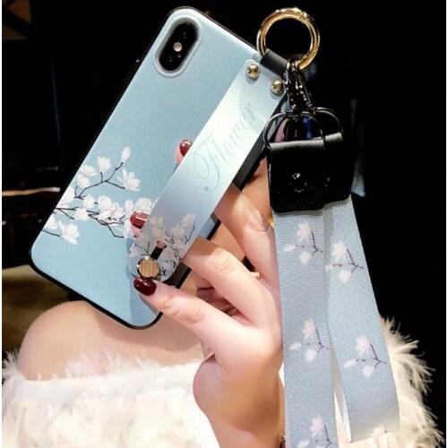 Retro Fashion Orchid Magnolia Flower Wrist Band Case Cover With Hand Neck Straps For iPhone 11 Pro MAX XS Max XR 8 7 6 6S Plus