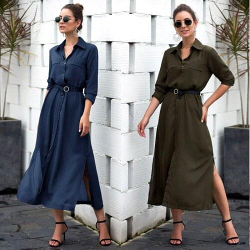 Elegant Women Clothes Office Lady Dress 2020 Spring Autumn Turn-Down Collar Pocket Solid Long Sleeve Buttons Loose Shirt Dresses