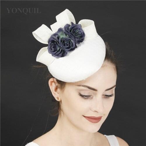Elegant Women Vintage Facinator Hat Navy Flower Wedding Headwear Formal Dress Ladies Millinery Cap Mesh Hair Accessories