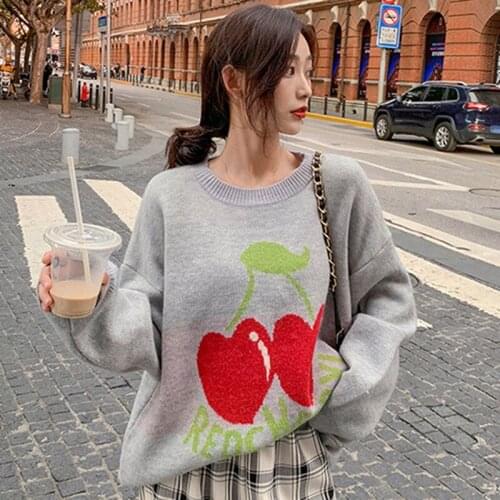 Korean Sweet Girl Gentle College Style Sweet Cherry Sweater Japan Kawaii Lolita Cute Women Autumn Print Knitted Pullover Sweater