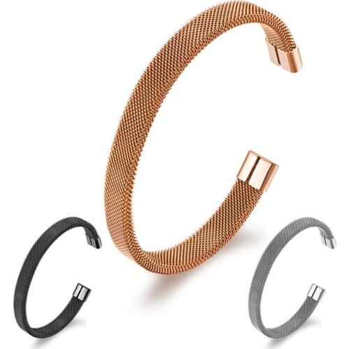 Hot Sale Simple Stainless Steel Mesh C-shaped Elastic Bangle Bracelet Rose Black / Gold / Silver Color Fashion Jewelry for Women