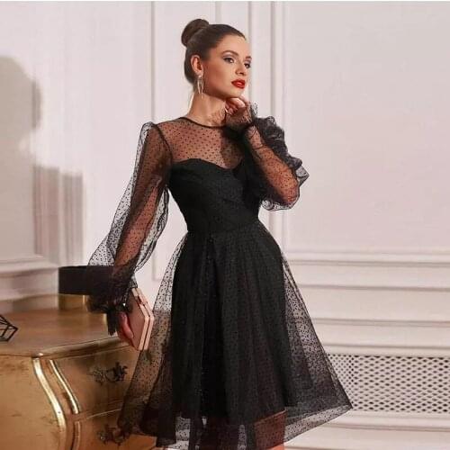 Little Black Dresses Prom Dresses Sexy Illusion Long Puff Sleeve Cocktail Dresses Tulle Knee Length Party Gowns High Quality