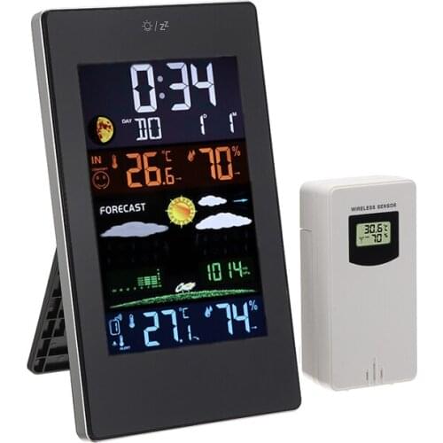 Weather Station Wireless Indoor Outdoor Climate Indicator Thermometer Digital Alarm Clock With Color Display Outdoor Sensor