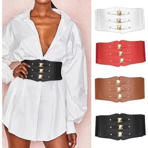 Fashion Women Wide Belt New Metal Buckle Women Elastic Waistband PU Leather Rivet Ultra Wide Belt