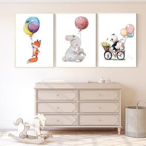 Cartoon Bunny Fox Balloon Nursery Decor Wall Art Pictures Canvas Painting Posters and Prints Playroom Kids Room Home Decor