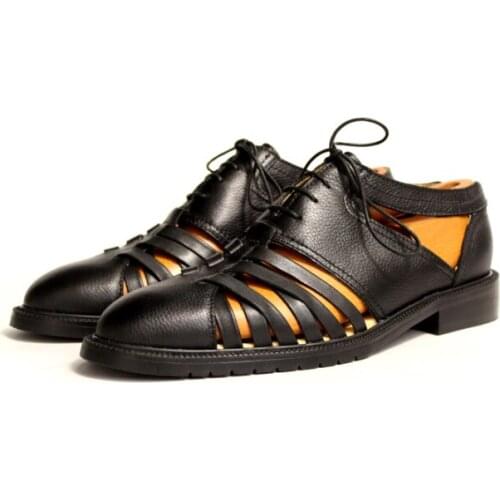 High top shoes for men cross -tied black men sandals lace up genuine leather retro handmade summer casual shoes