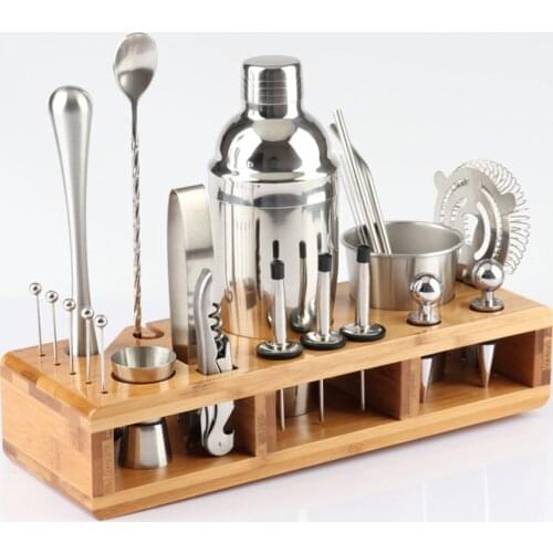 23pcs Stainless Steel Cocktail Shaker Set Barware Kit With Square Wooden Rack For Bartender Drink Party Home Bar Tools 550/750ML