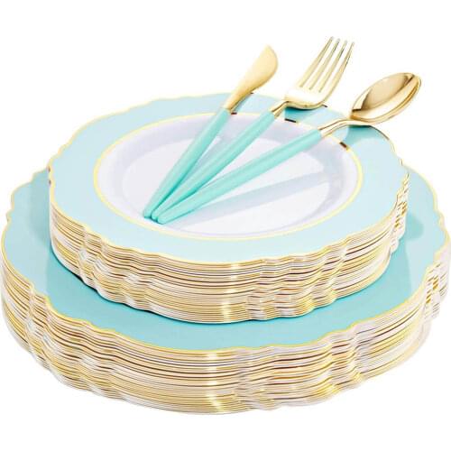50Pcs Disposable Party Tableware Set Baroque Green Pink Gold Rim Plastic Tray With Silver Utensils Suitable for Wedding Party