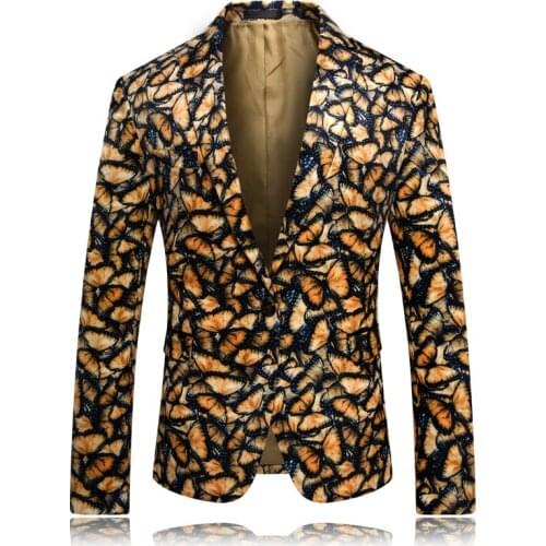 Brand New Long Sleeve Slim Fit One Button Blazer Fashion Yellow Butterfly Print Suit Men Jackets Jacket Plus Size 5XL