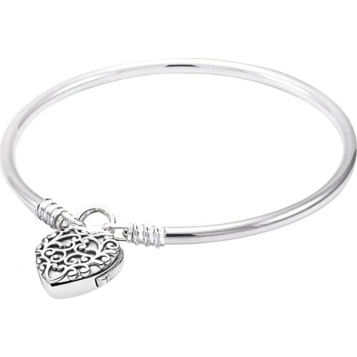 Original Vinage Moments Regal Heart Padlock Clasp Smooth Bangle Bracelet Fit 925 Sterling Silver Bead Charm Diy Europe Jewelry