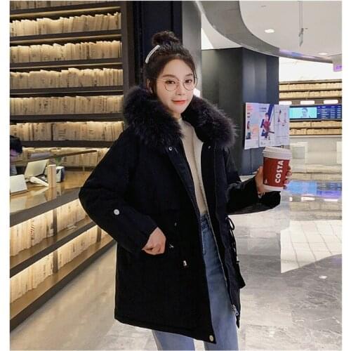 2019 Autumn Winter Women Big Fur Hooded Coat Loose Casual Parka Medium Long Warm Coats