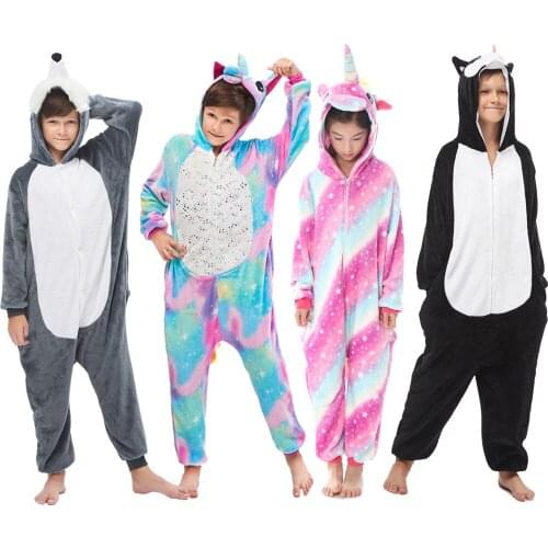 Kigurumi Boys Cartoon Animal Pajamas Panda Dog Wolf Pijamas Baby Sleepwear Jumpsuits Overalls Kids Oneise Girls for 4-12Years