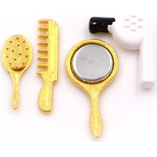 4pcs Set1/12 Doll house Miniature Practical Bathroom Accessory Comb Hair Dryer Mirror Model Building Kits Kids pretend play Toys