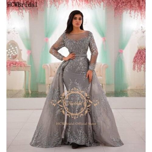 Luxury Lace Grey Dubai Evening Dress Long Sleeves Beads Tulle Mermaid Plus Size Women Formal Dresses Robe De Soiree Customize