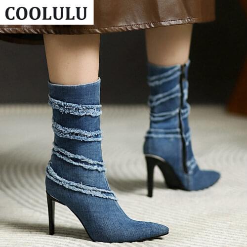 COOLULU Blue Denim Ankle Boots Stiletto Pointy Toe Women Shoes High Heels Sexy Booties Thin Heel Fashion Women Boots Size 34-45