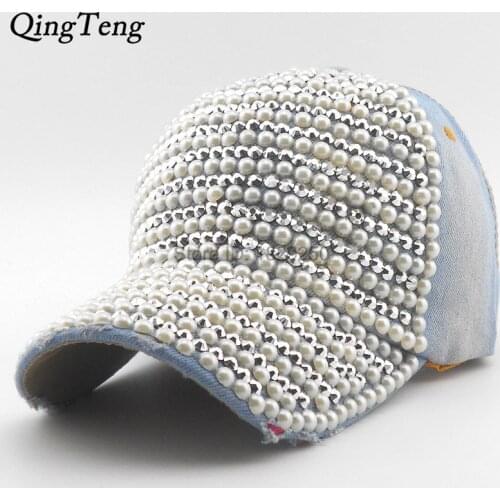 Pearl Rhinestone Fashion Baseball Cap Brim Woman Snapback Hats Denim Jeans Hip Hop Women Cowboy 2018 Luxury Casquette Baseball