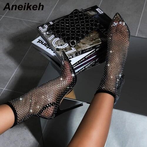 Aneikeh New Air Mesh Net Bling Women Shoes Summer Ankle Thin High Heels Sexy Sandal Chelsea Boots Female Dropship Pumps 35-42