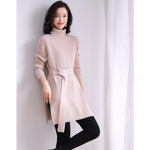 Women Vintage Stylish Korean Long Style Knitted Side Split Sweater Winter Turtleneck Loose Warm Thick Sashes Sweater 2020 New
