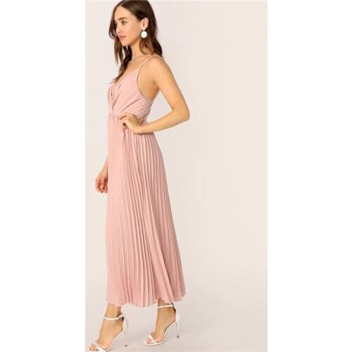 Surplice Neck Pleated Cami Dress Summer Fit And Flare Dress Pink Pastel Romantic Women Sleeveless Spaghetti Strap Dresses