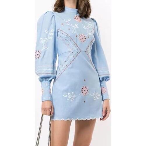 High Women Vintage Dress Quality Designer Brand Sexy Split Embroidery Flowers Lantern Sleeve Elegant Egirl Mini Dresses Y2k Ropa