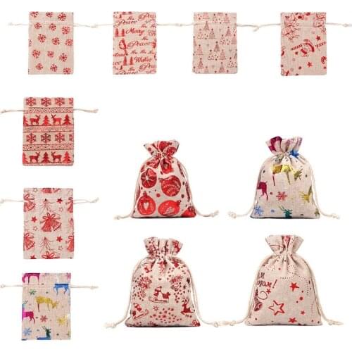200pcs Colorful Linen Christmas Cotton Bags Home Party Muslin Candy Gifts Jewelry Packaging Bag Drawstring Gift Pouches W0267