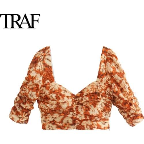 Traf Za Women Clothing Pleated Printed Shirts Vintage Side Zip Corset Blouses Chic Office Ladeis Tops Mujer