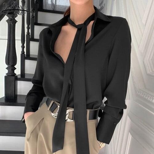 Casual Vintage Long Sleeve Women Blouse 2021 Korean Lace Up Chiffon Women Shirts Tie Plus Size Loose Women Clothing Blusas 13335